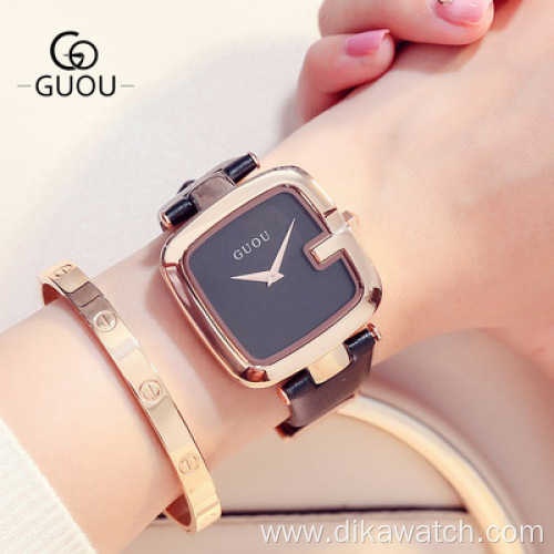 2021 New GUOU 8190 Women's Watch Square Watchwrist Trend Simple Leather Quartz Ladies Watches